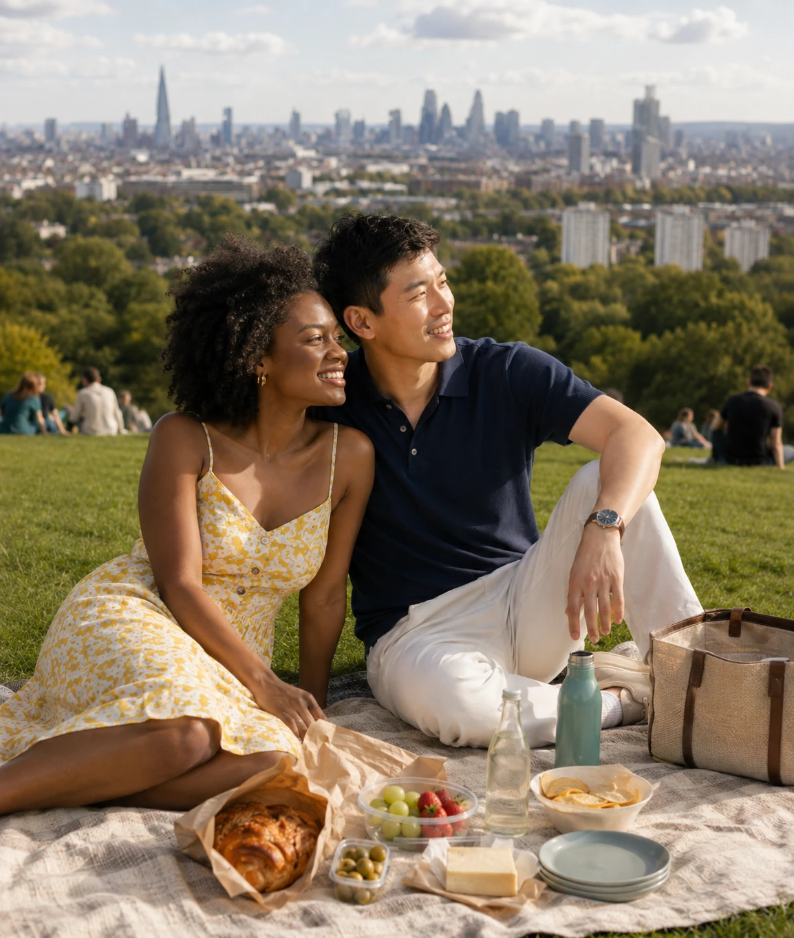 Couple enjoying a romantic Mystery Picnic on Primrose Hill with London skyline views