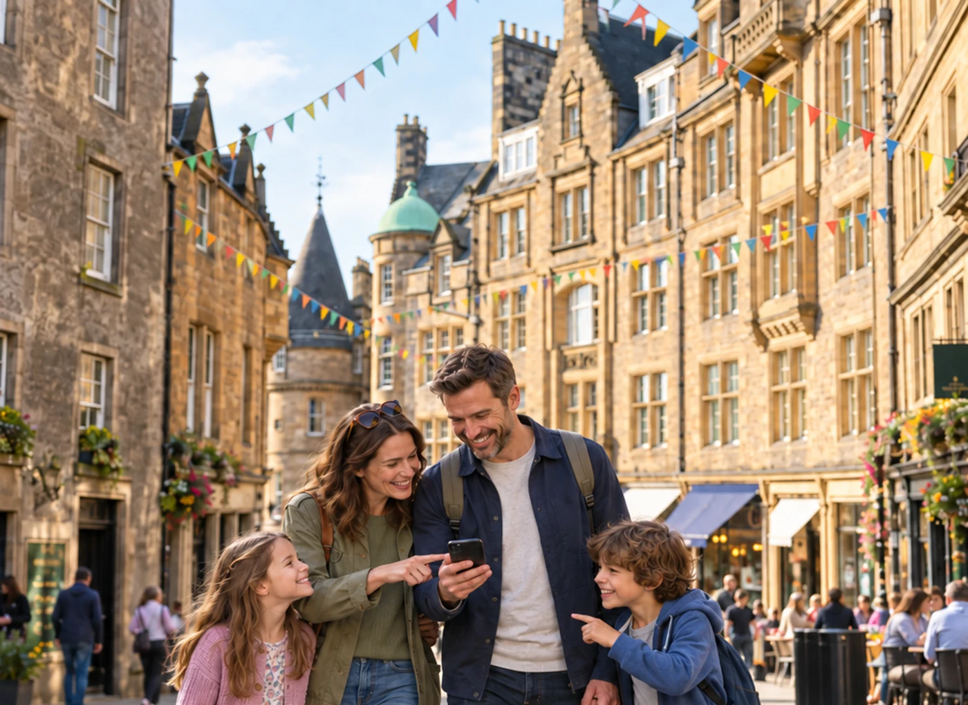 Family exploring Edinburgh Old Town on a Mystery Picnic activity
