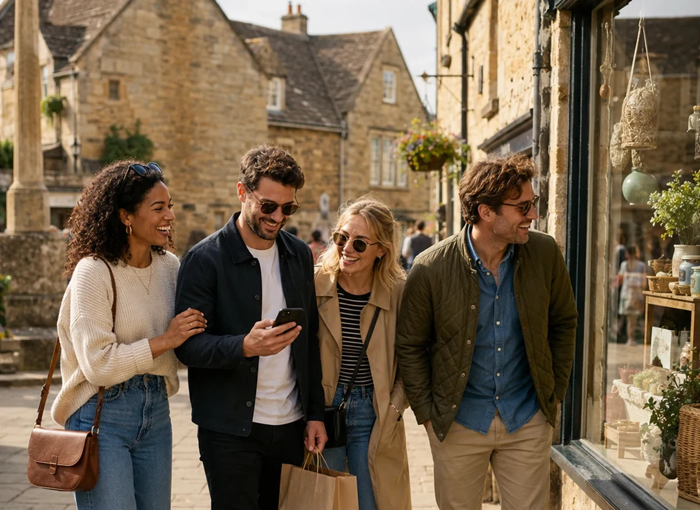 Friends exploring a Cotswolds village during a Mystery Picnic day out