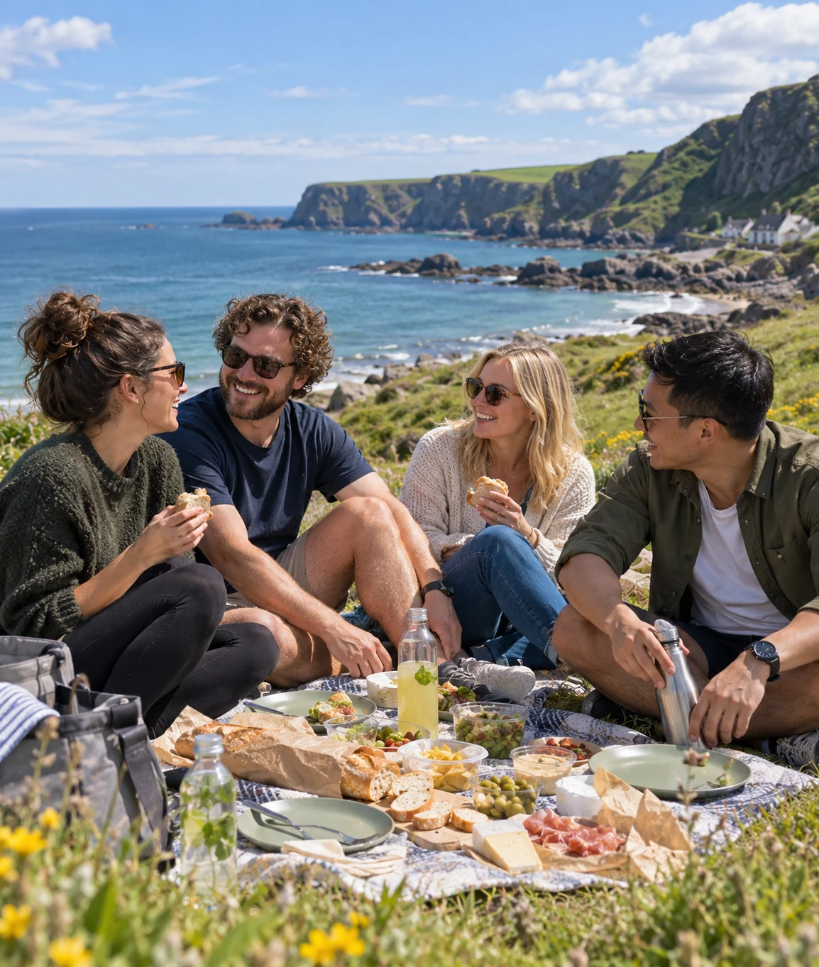 Friends enjoying a Mystery Picnic with Causeway Coast sea views on a Northern Ireland group day out