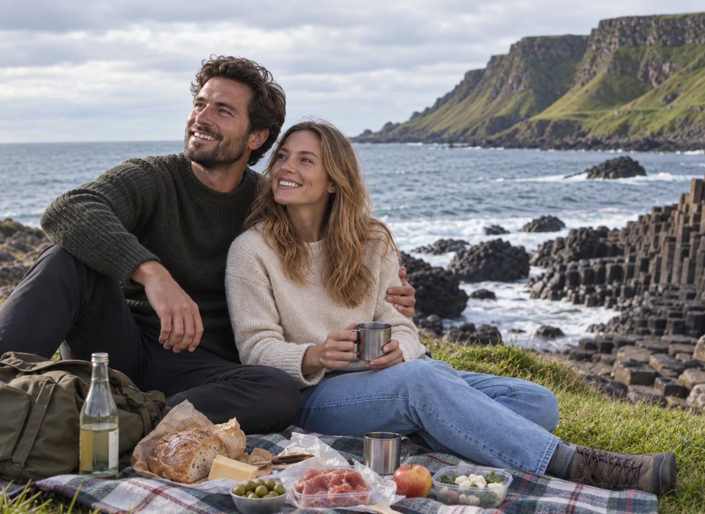 Couple enjoying a romantic Mystery Picnic with Giant's Causeway coast views in Northern Ireland