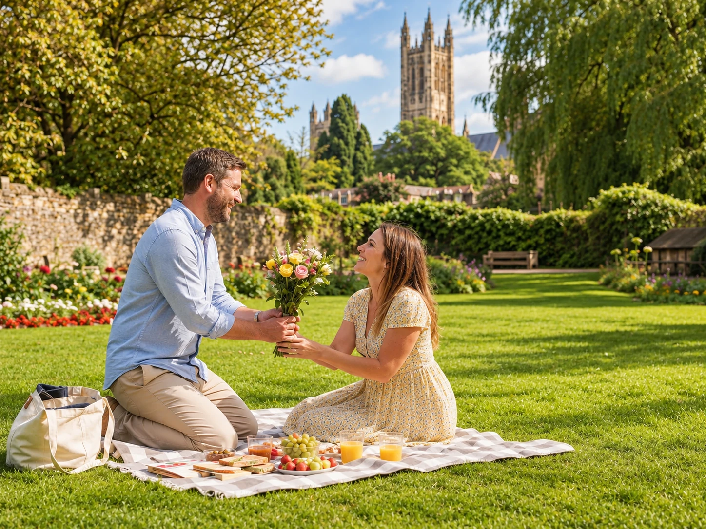 Couple sharing flowers during a romantic Premium Mystery Picnic date